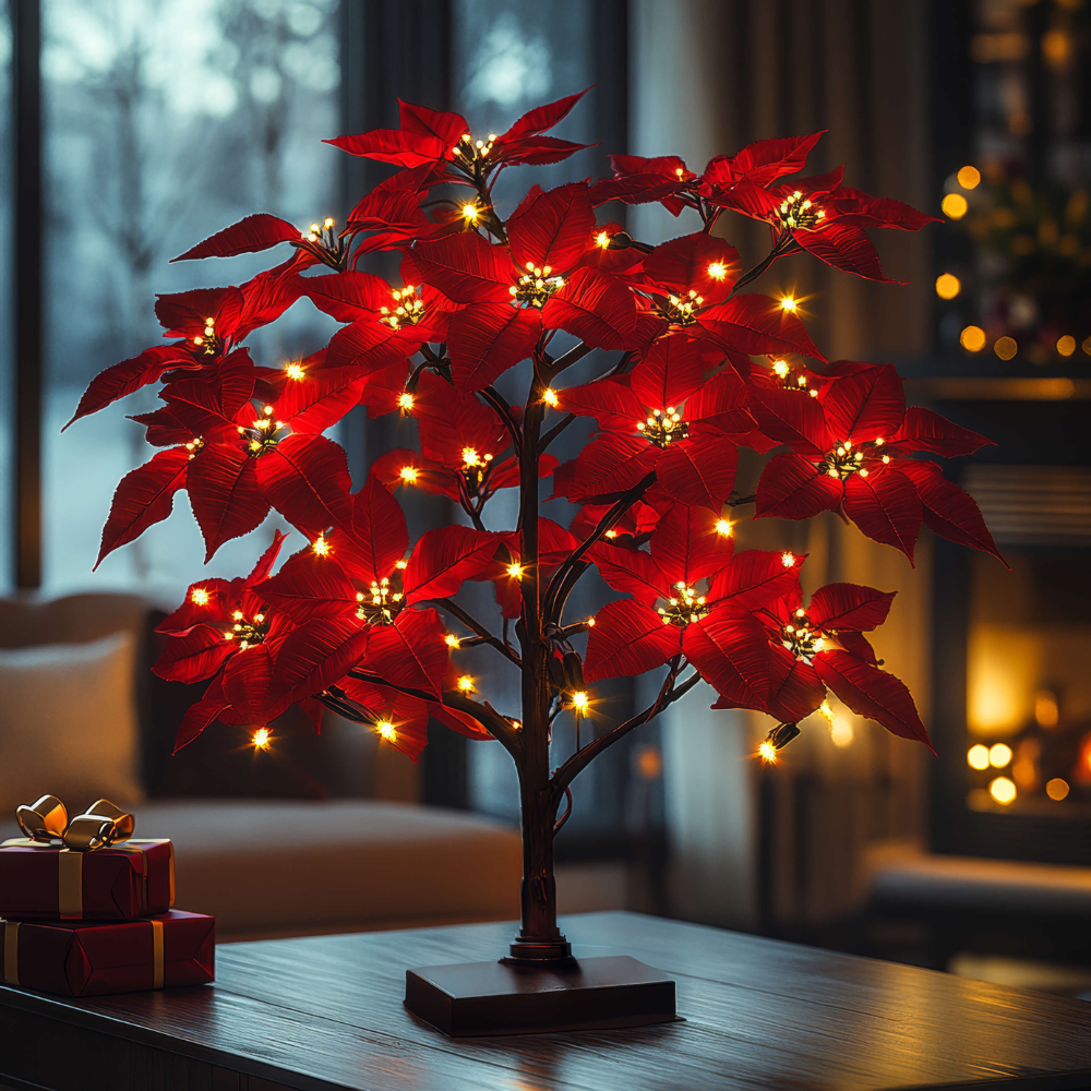 LED Weihnachtsstern Deko Lampe – Beleuchteter Poinsettia Deko-Baum für Weihnachten | Warmweißes Licht als Tischlampe & Weihnachtsdeko