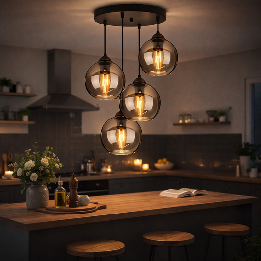 Moderne Glas Pendelleuchte E27 – Nordic Hängeleuchte mit 4 Kugel-Lampenschirmen – Deckenlampe für Esszimmer, Wohnzimmer & Küche