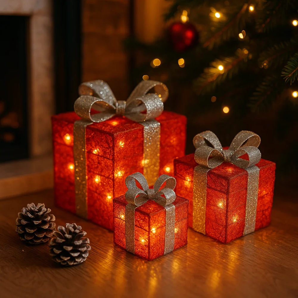 LED Geschenkbox Set Weihnachten – Leuchtende Weihnachtsdekoration für innen | 3er Set Geschenkpakete mit warmweißen LEDs