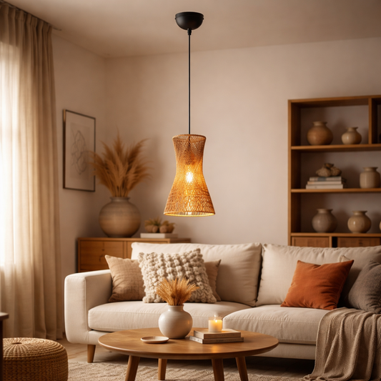 Pendelleuchte aus Papiergarn – Natur Hängelampe Braun & Schwarz, E27, Höhenverstellbar, Boho Stil