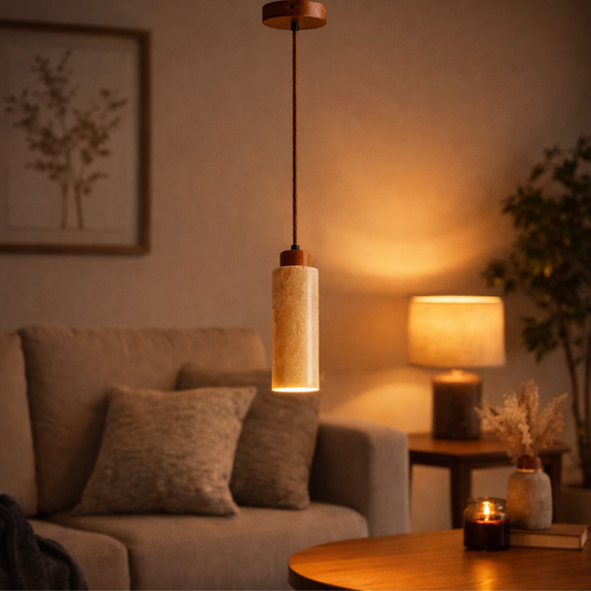 Designer Pendelleuchte aus Naturstein & Holz – E27 Hängelampe Marmor, Höhenverstellbar, Modernes Wohnlicht