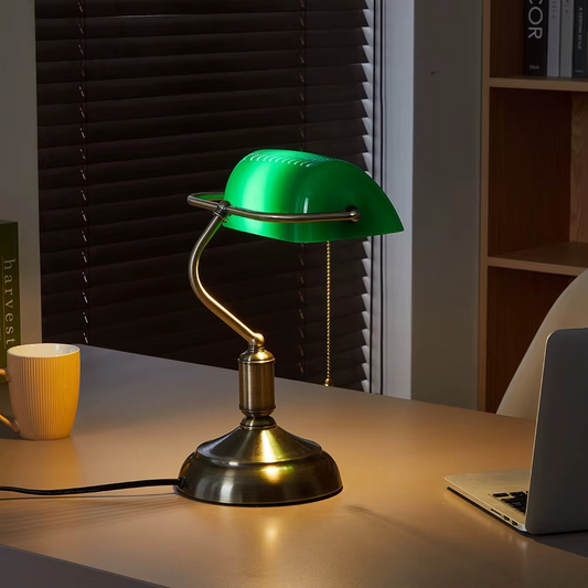 Bankerlampe Grün – Klassische Schreibtischlampe aus Glas & Messing | Retro Tischlampe für Büro, Home Office & Wohnzimmer