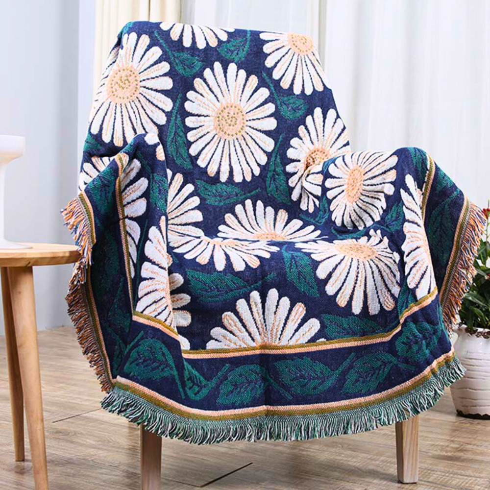Boho-Baumwolldecke mit Chrysanthemen und Quasten