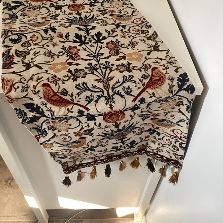 Jacquard-Tischläufer mit Blumen- und Vogelmotiv und Quasten