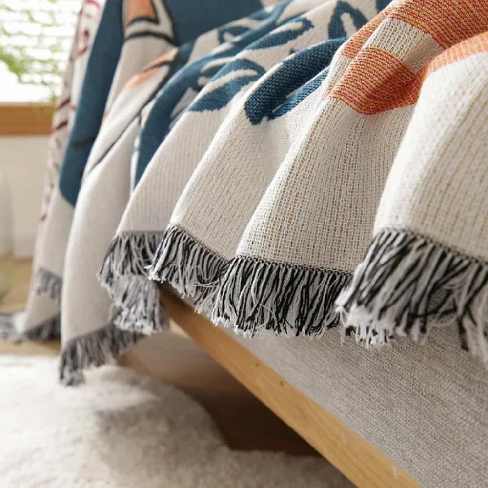 Jacquard-Sofadecke aus Baumwoll-Leinen mit Quasten