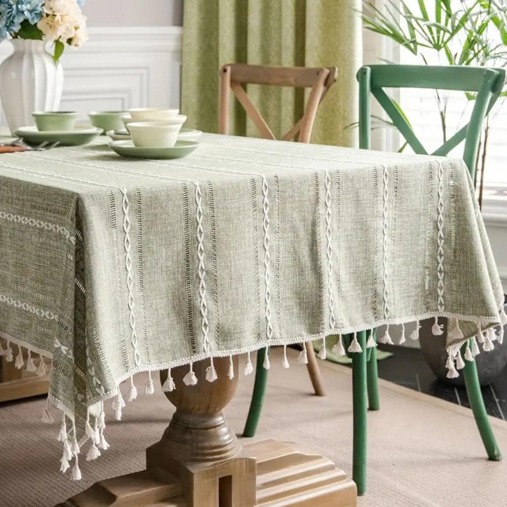 Baumwoll-Leinen-Tischdecke mit bestickten Streifen