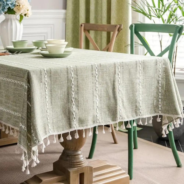 Baumwoll-Leinen-Tischdecke mit bestickten Streifen