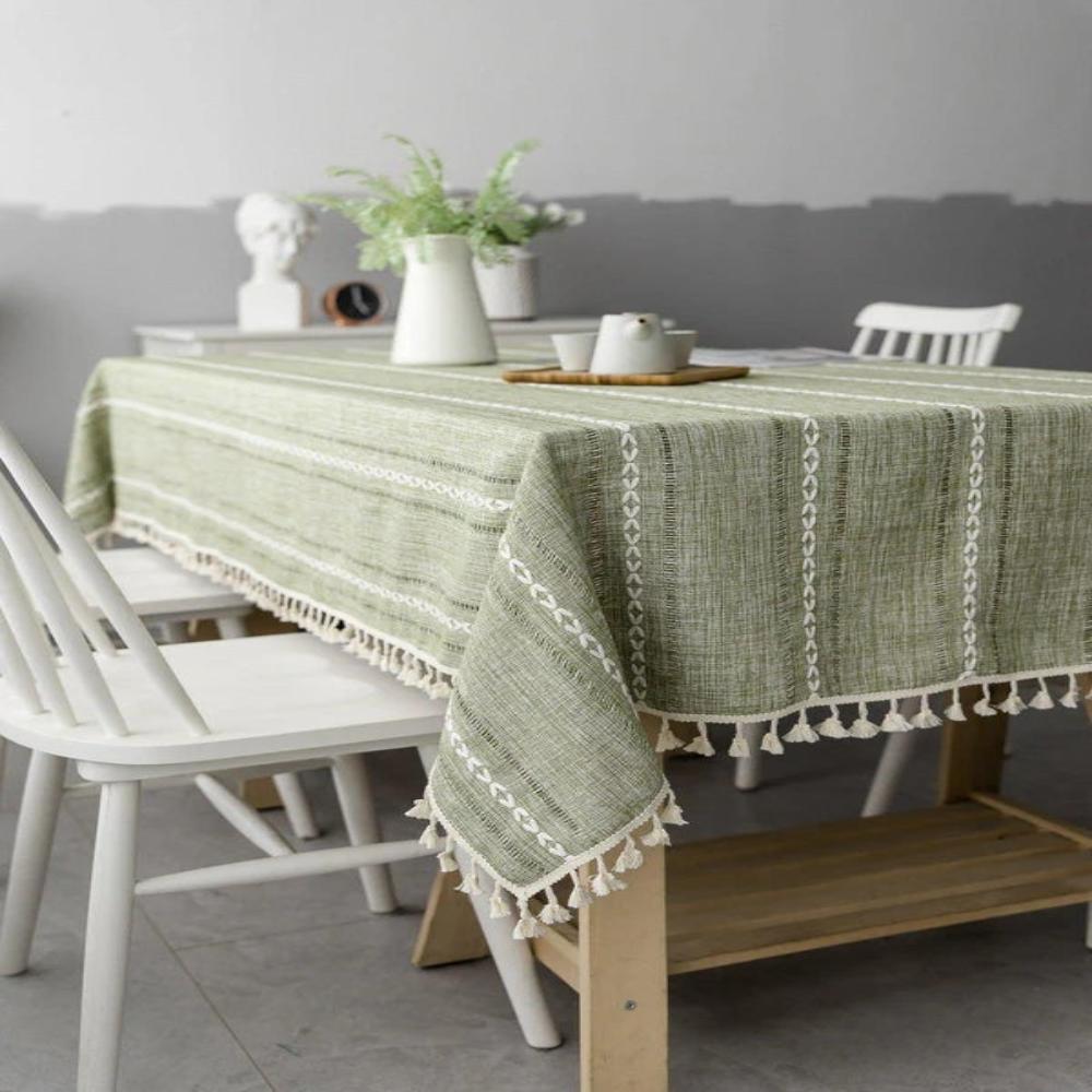 Baumwoll-Leinen-Tischdecke mit bestickten Streifen