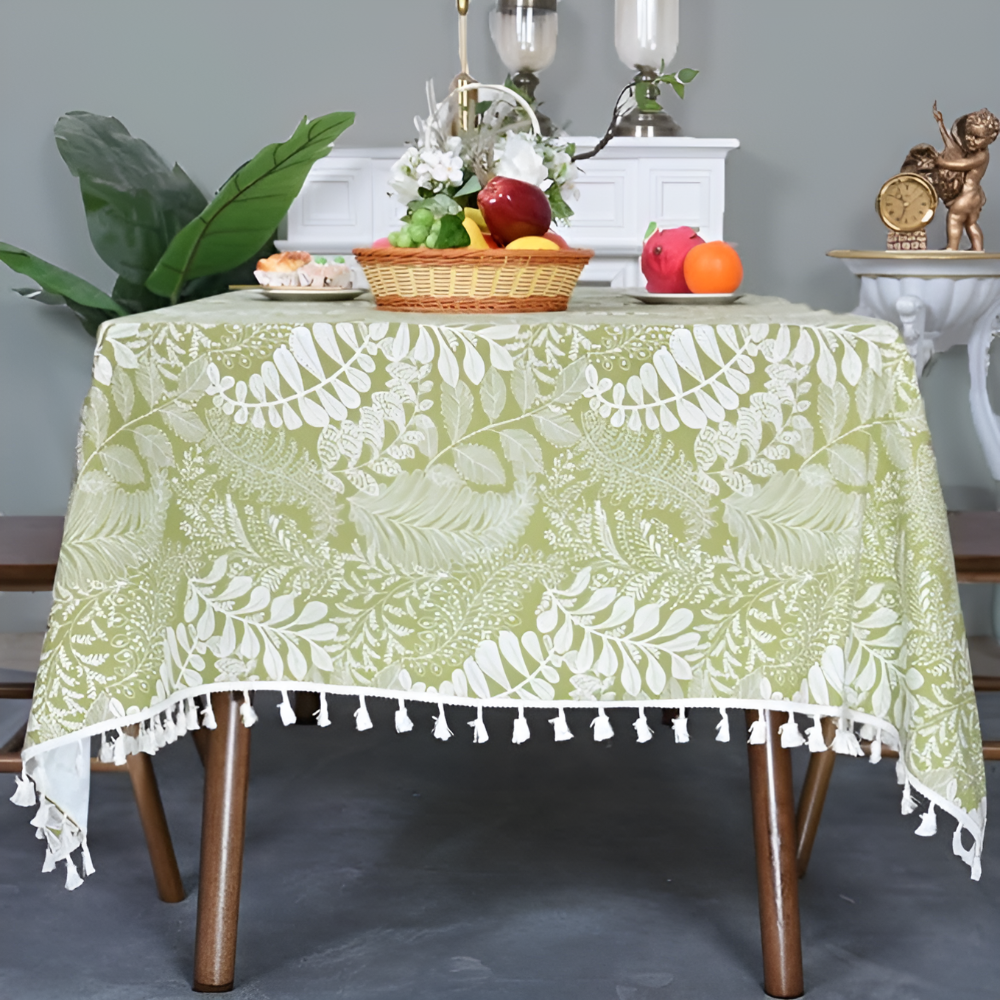 Leinen-Baumwoll-Tischdecke mit Stickerei und Quasten