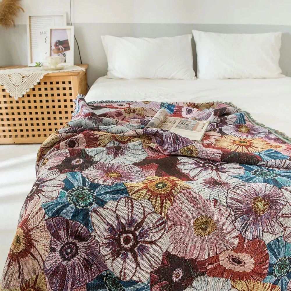 Vintage-gewebte Decke mit Blumenmuster und Quasten 130 x 180 cm