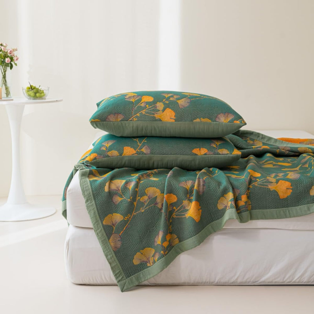 Wendbare Jacquard-Tagesdecke mit Ginkgo-Muster, mit oder ohne Kissenbezüge