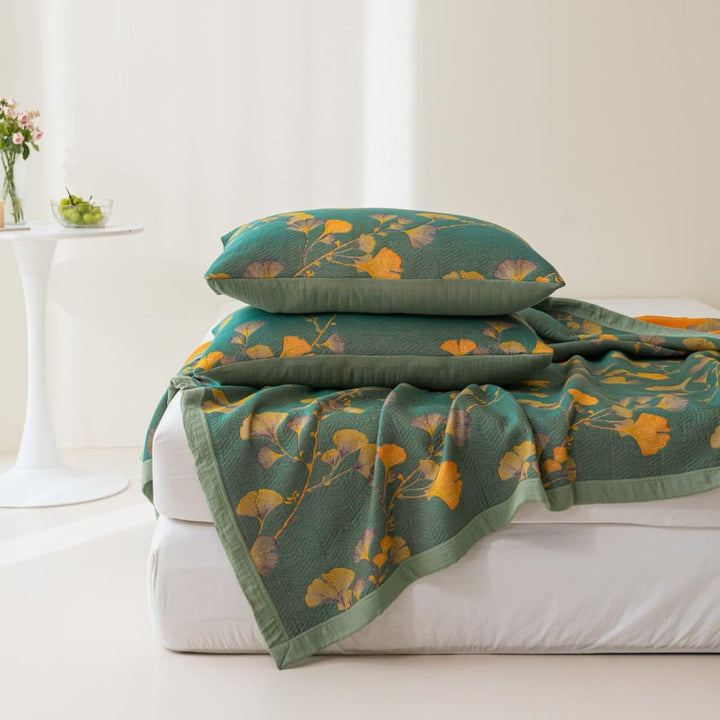 Wendbare Jacquard-Tagesdecke mit Ginkgo-Muster, mit oder ohne Kissenbezüge