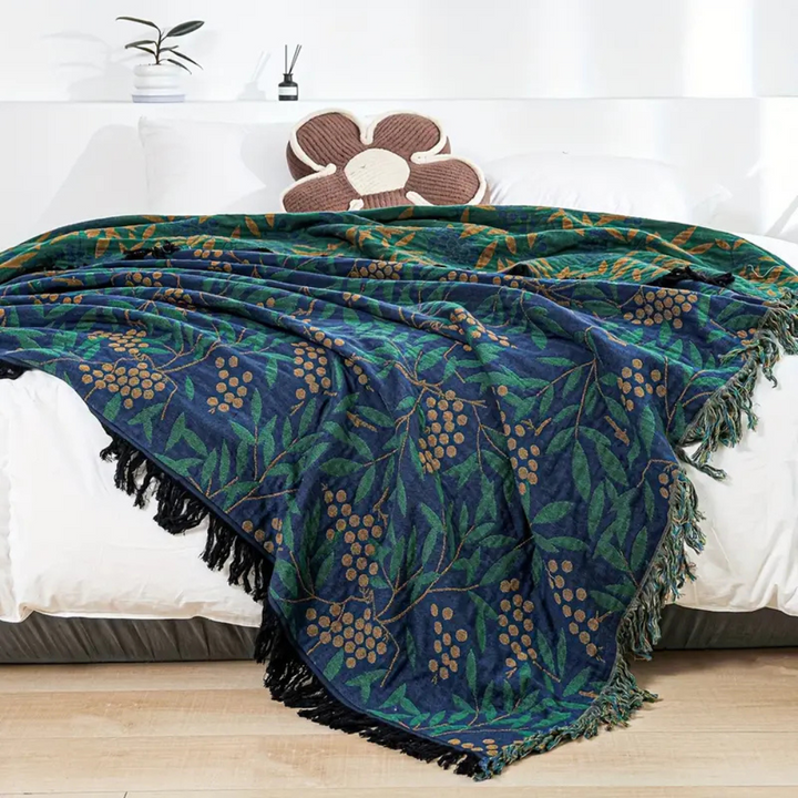 Jacquard-Tagesdecke aus Baumwolle mit Begonien und Quasten