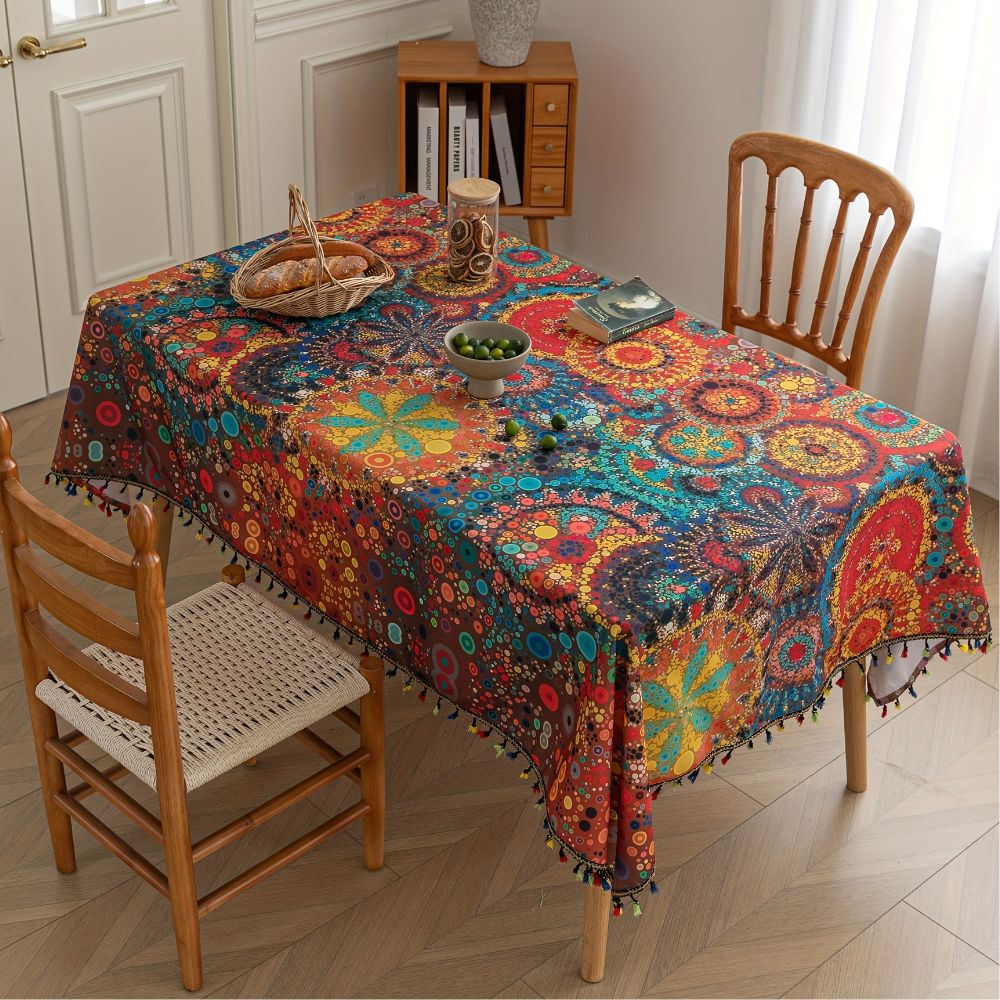 Marokkanische Tischdecke mit Kreismuster und Quasten