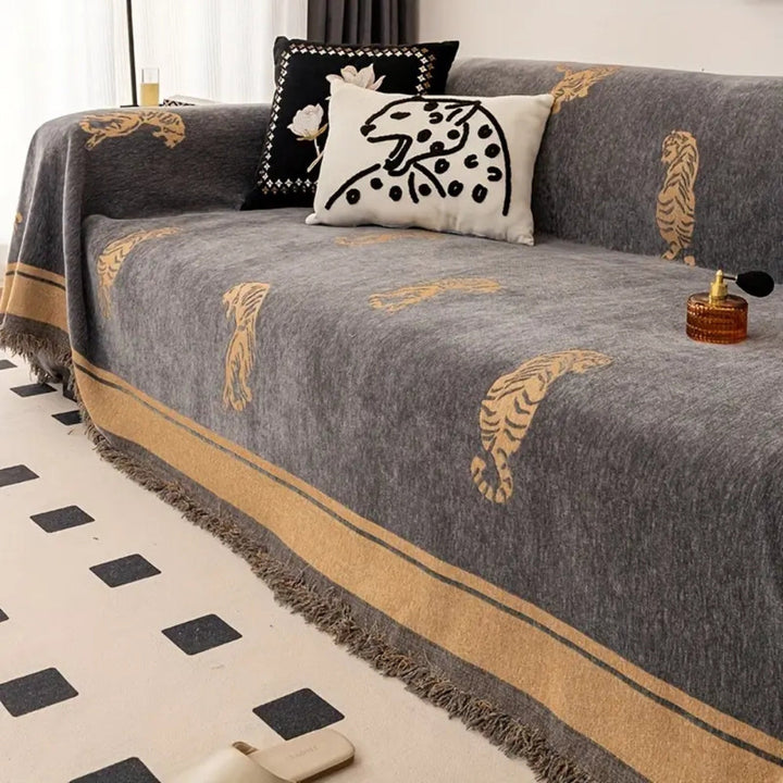 Chenille-Sofawurf mit Tigermuster, wendbar