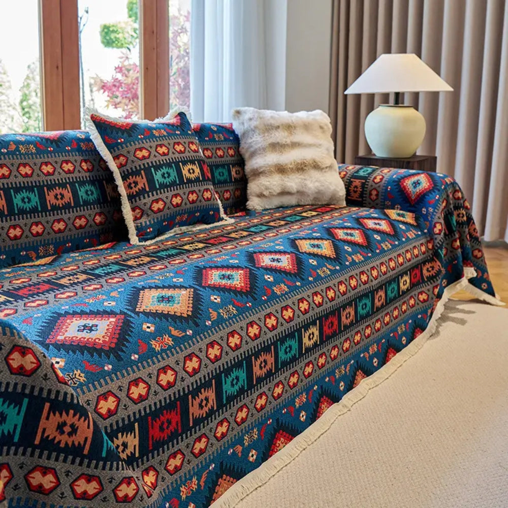 Boho-geometrische Sofadecke aus Baumwoll-Leinen-Mischgewebe