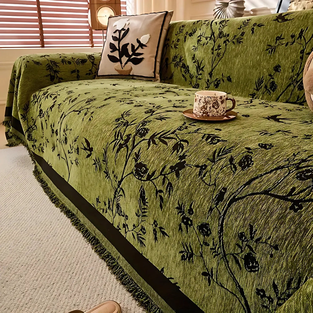 Chenille-Sofadecke mit Blumenmuster und Quasten