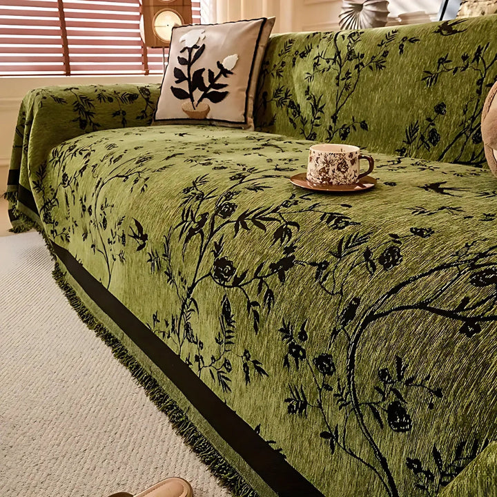 Chenille-Sofadecke mit Blumenmuster und Quasten