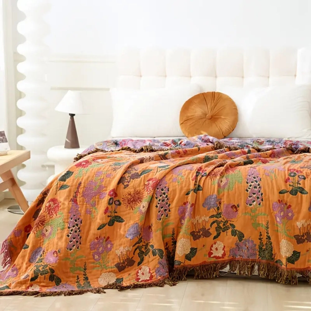 Wendbare Tagesdecke aus floralem Baumwoll-Jacquard mit Quasten