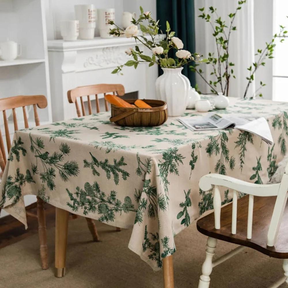 Baumwoll-Leinen-Tischdecke mit Kiefern und Vögeln