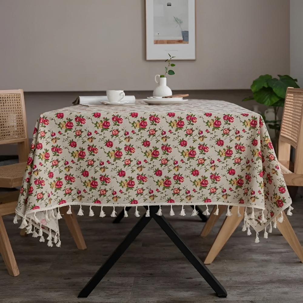 Tischdecke mit kleinen Blumen und Quasten