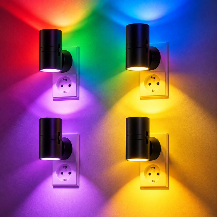 Vier Nachtleuchten mit unterschiedlichen Lichtfarben