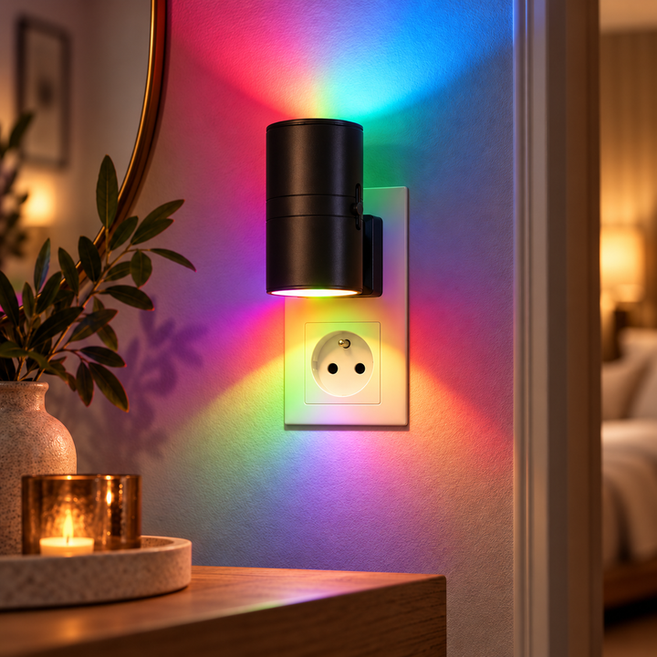 Schwarze Nachtleuchte mit mehrfarbigem Licht an der Wand