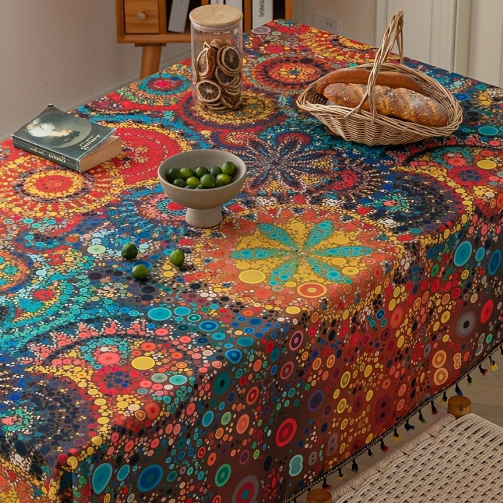 Marokkanische Tischdecke mit Kreismuster und Quasten