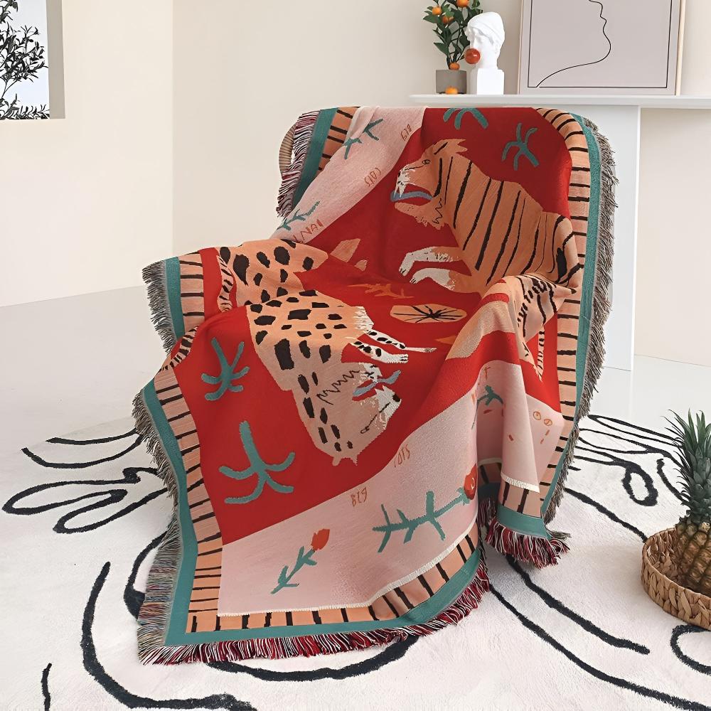 Wendbare Leopardendecke mit Quasten 130 x 160 cm