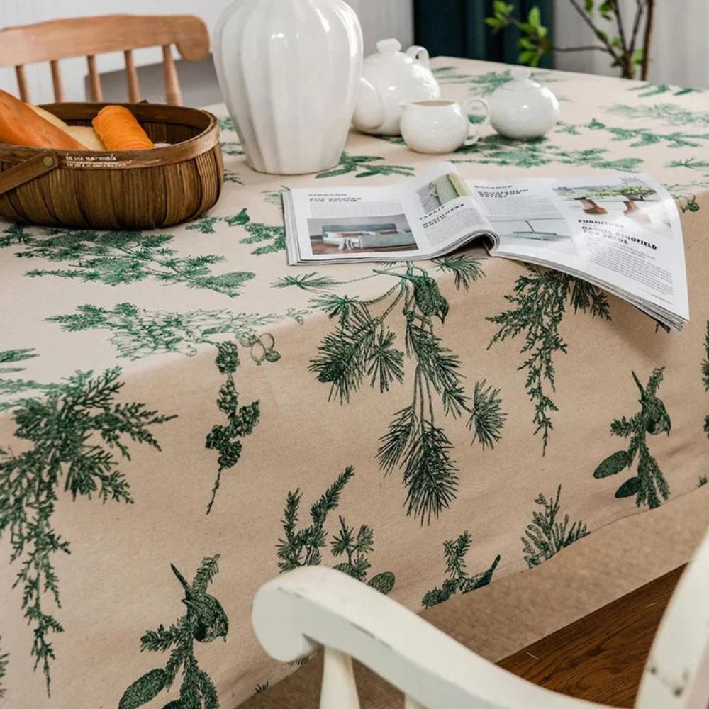 Baumwoll-Leinen-Tischdecke mit Kiefern und Vögeln