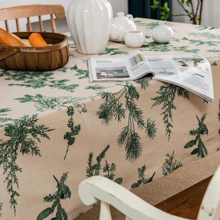 Baumwoll-Leinen-Tischdecke mit Kiefern und Vögeln