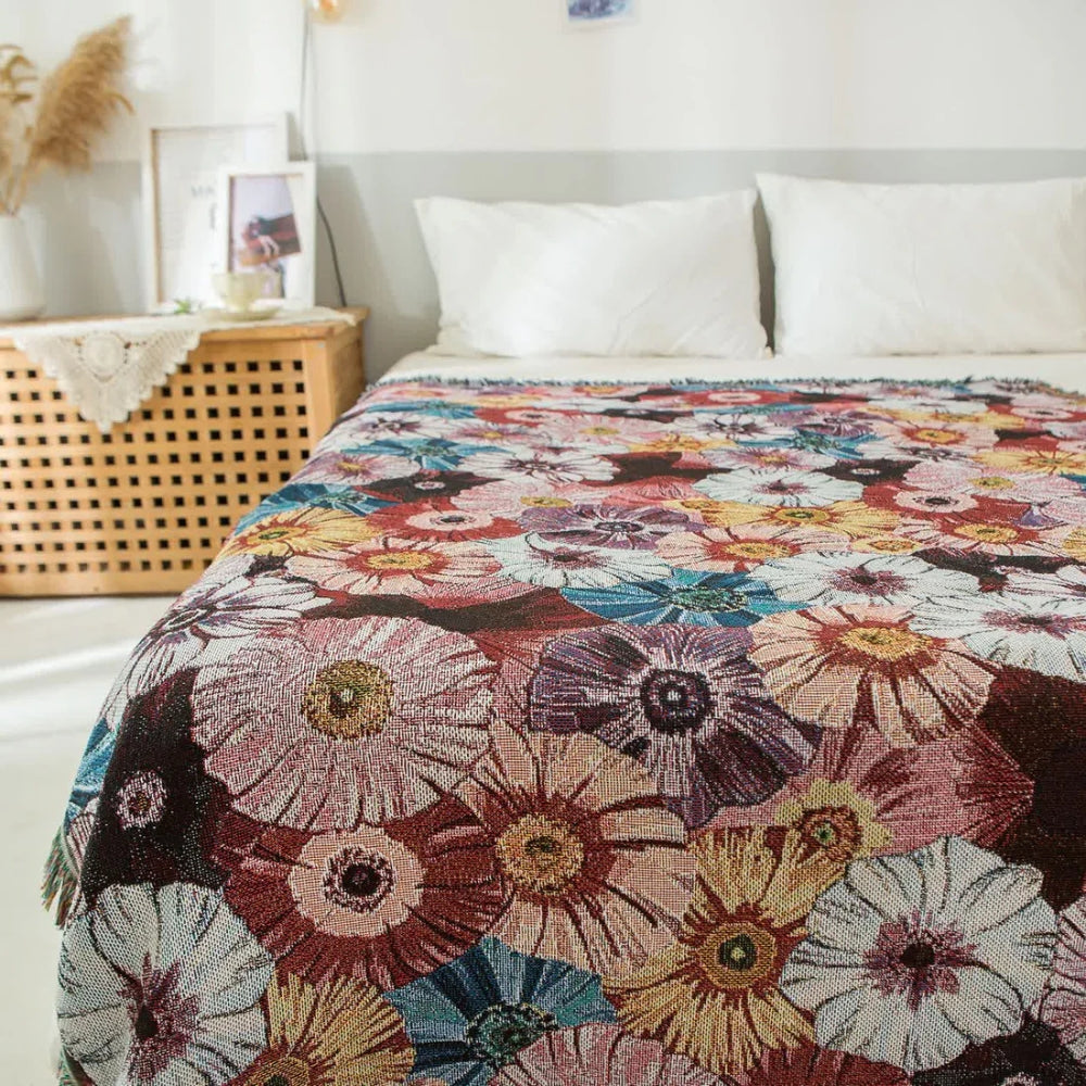 Vintage-gewebte Decke mit Blumenmuster und Quasten 130 x 180 cm