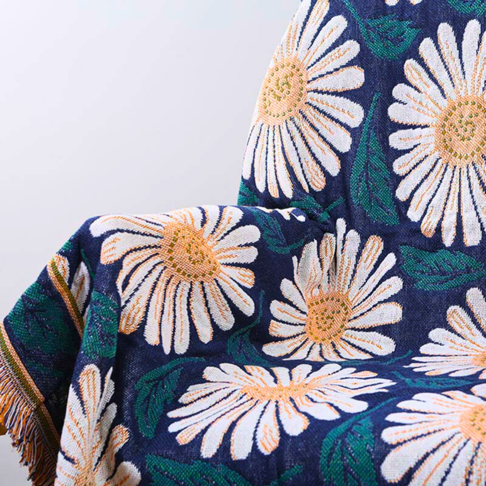Boho-Baumwolldecke mit Chrysanthemen und Quasten