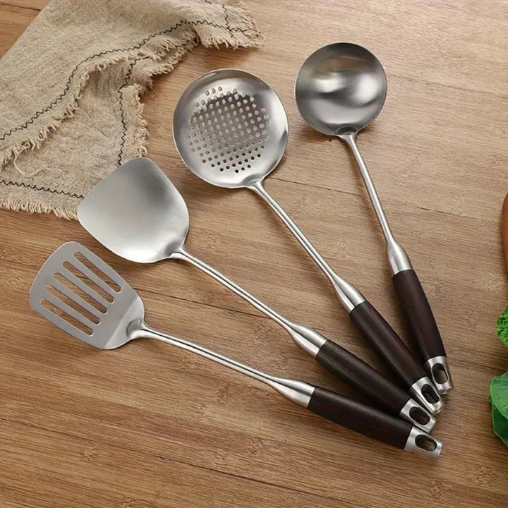 Küchenutensilien aus Stahl mit Holzgriffen, 6er-Set