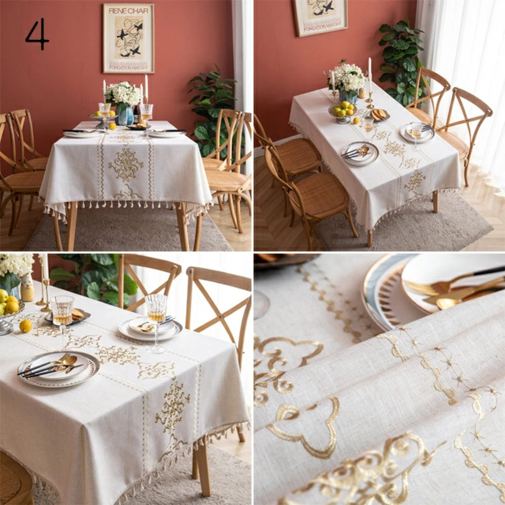 Jacquard-bestickte Tischdecke mit hellen Quasten