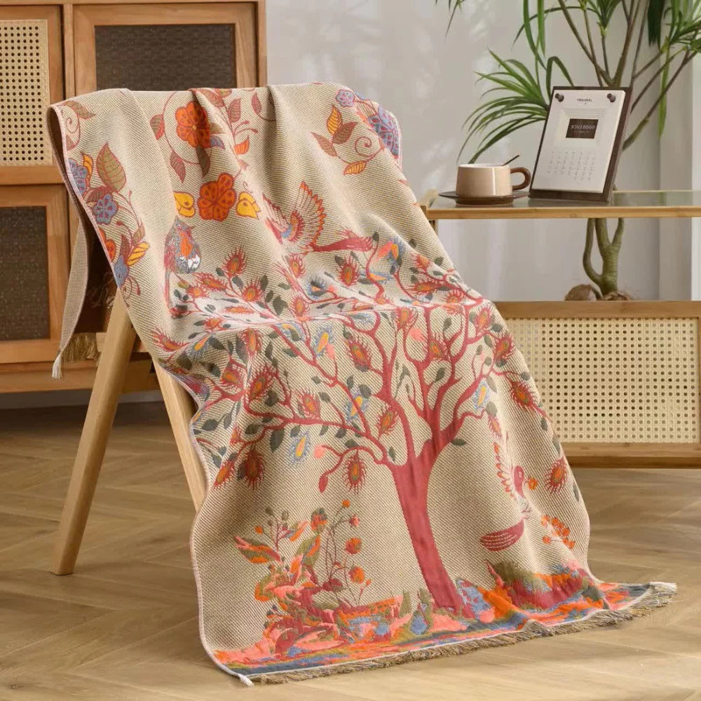 Baumwoll-Badetuch mit Baummotiv und Quasten 90 x 170 cm