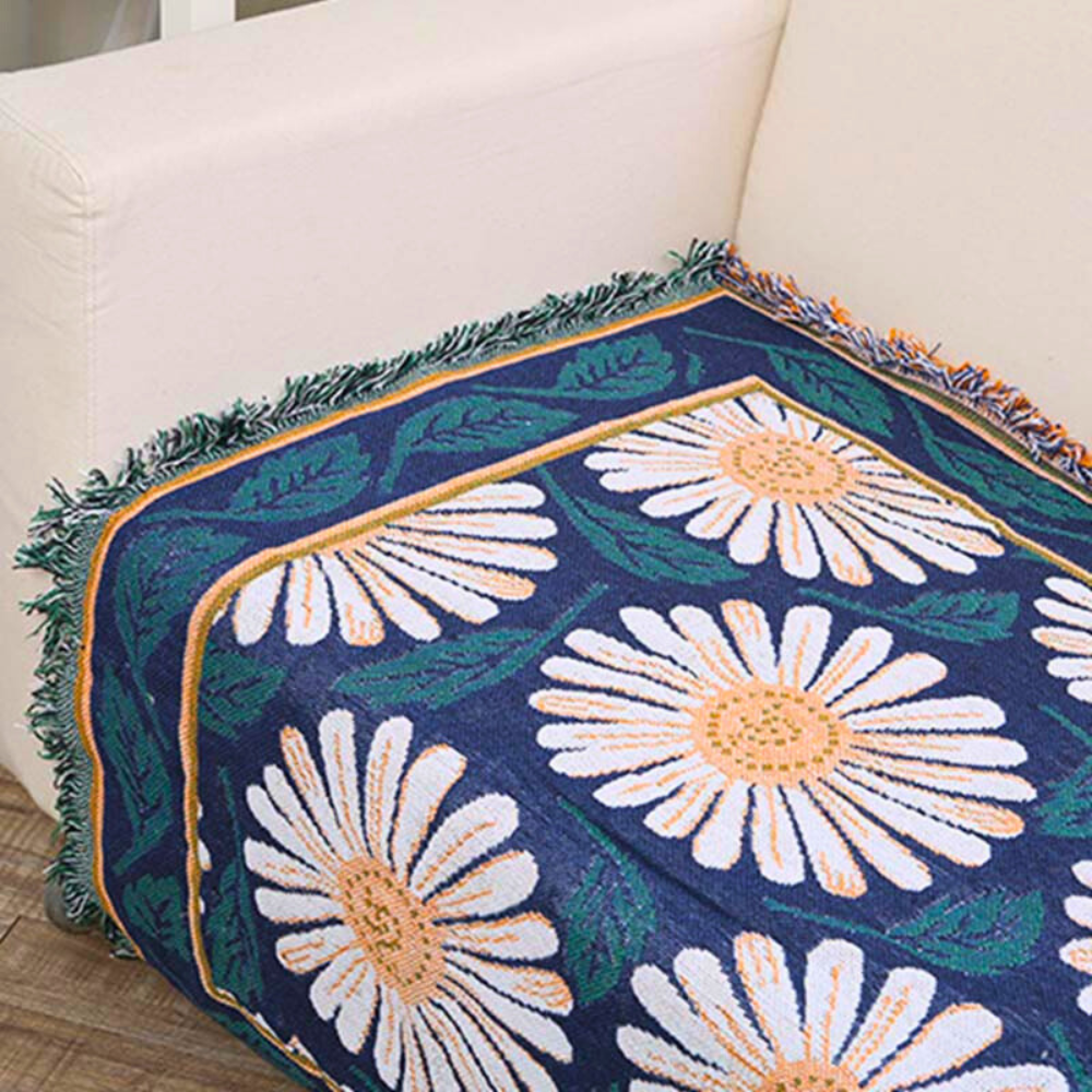 Boho-Baumwolldecke mit Chrysanthemen und Quasten