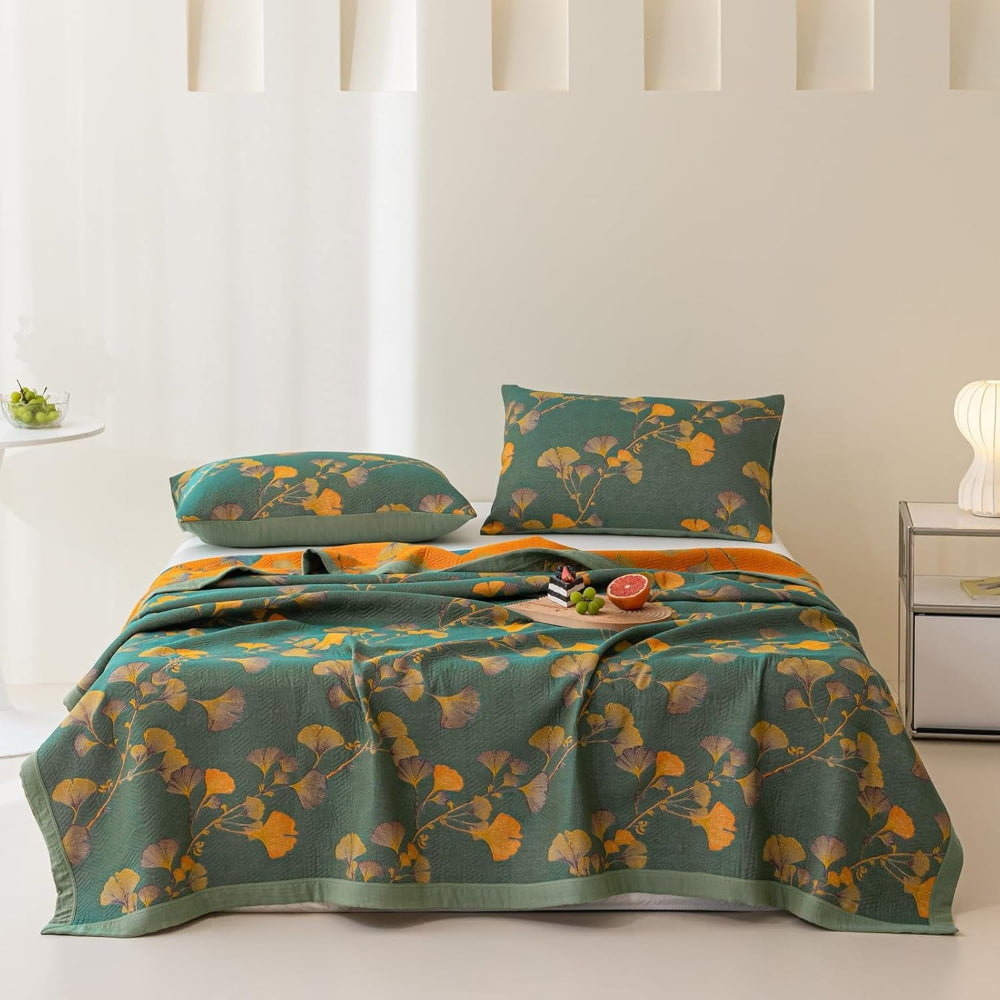 Wendbare Jacquard-Tagesdecke mit Ginkgo-Muster, mit oder ohne Kissenbezüge