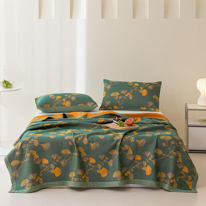 Wendbare Jacquard-Tagesdecke mit Ginkgo-Muster, mit oder ohne Kissenbezüge