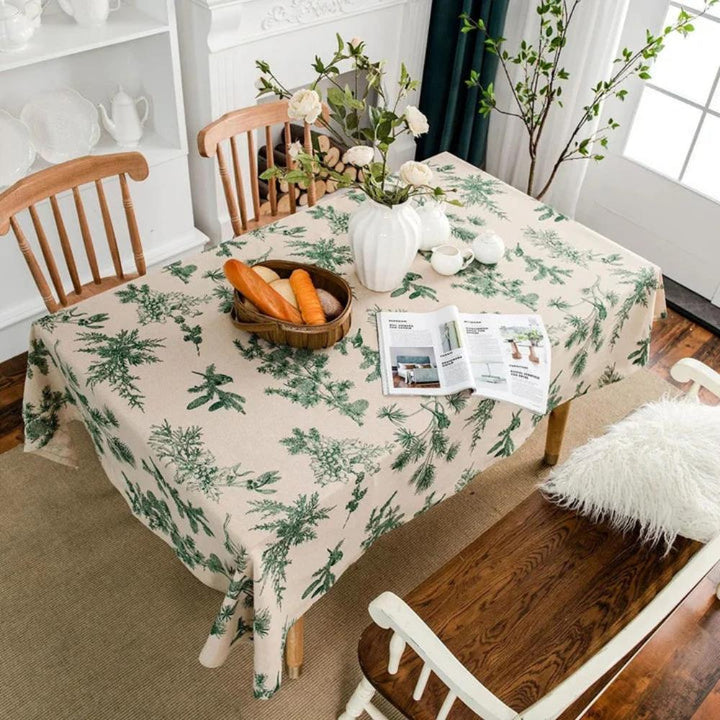 Baumwoll-Leinen-Tischdecke mit Kiefern und Vögeln