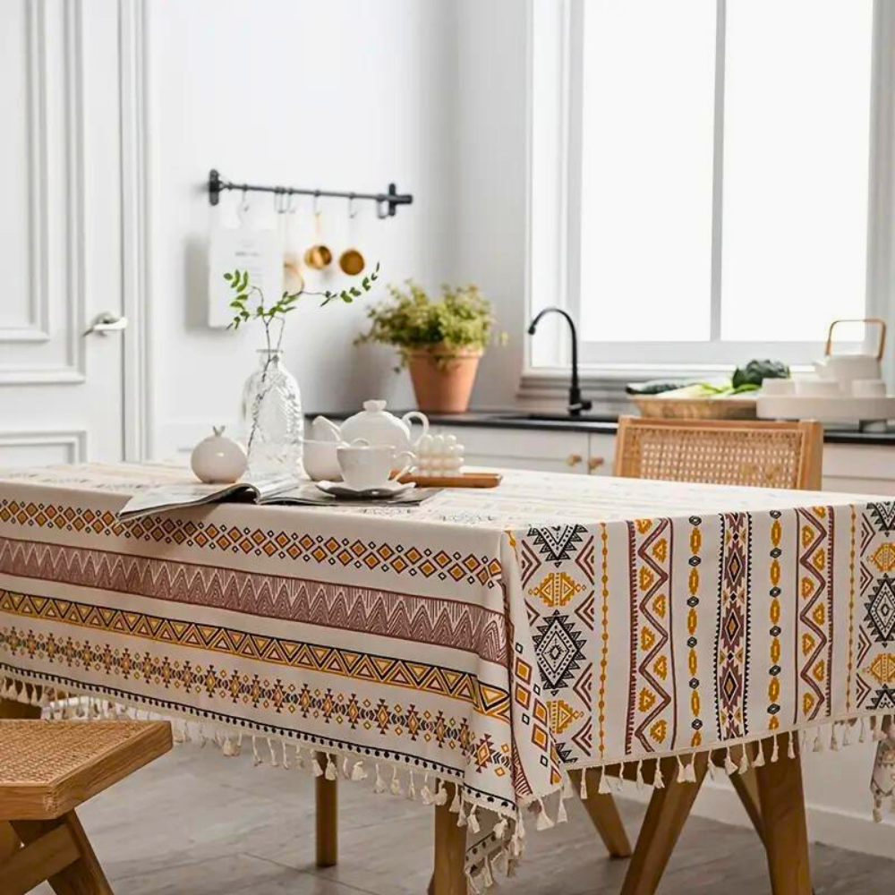 Boho-Tischdecke aus Baumwoll-Leinen-Mischgewebe mit Quasten