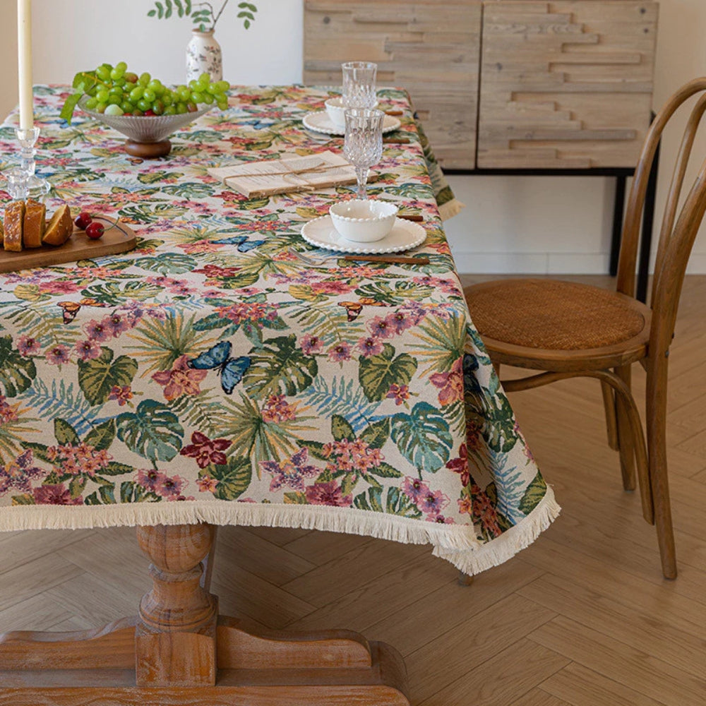 Leinentischdecke mit floralem Jacquard und Fransen