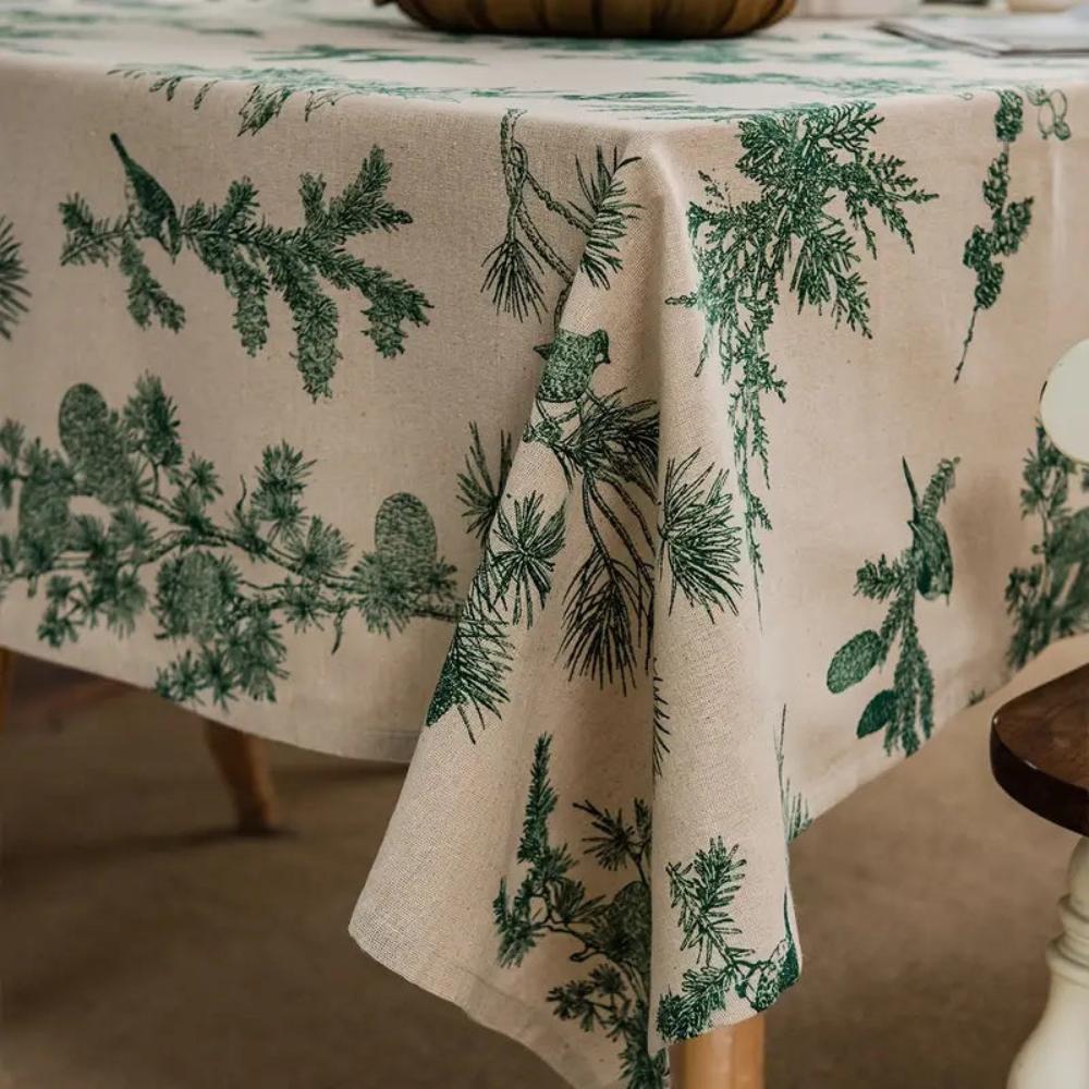 Baumwoll-Leinen-Tischdecke mit Kiefern und Vögeln