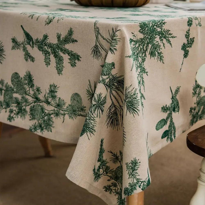 Baumwoll-Leinen-Tischdecke mit Kiefern und Vögeln