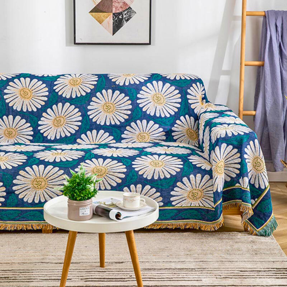 Boho-Baumwolldecke mit Chrysanthemen und Quasten