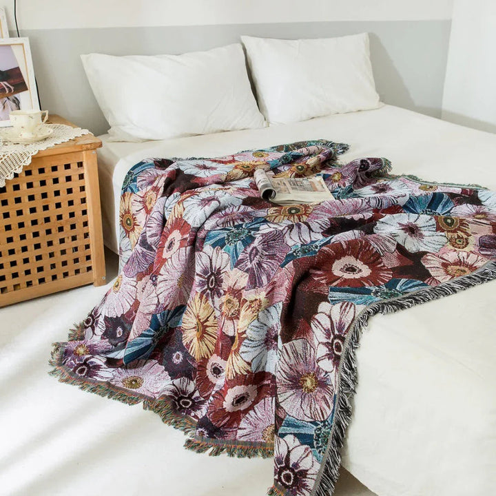 Vintage-gewebte Decke mit Blumenmuster und Quasten 130 x 180 cm