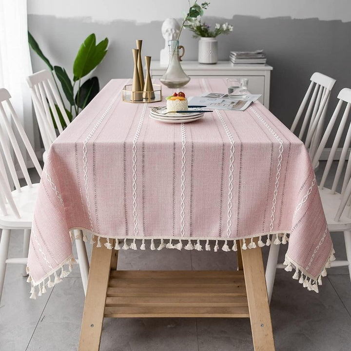Baumwoll-Leinen-Tischdecke mit bestickten Streifen