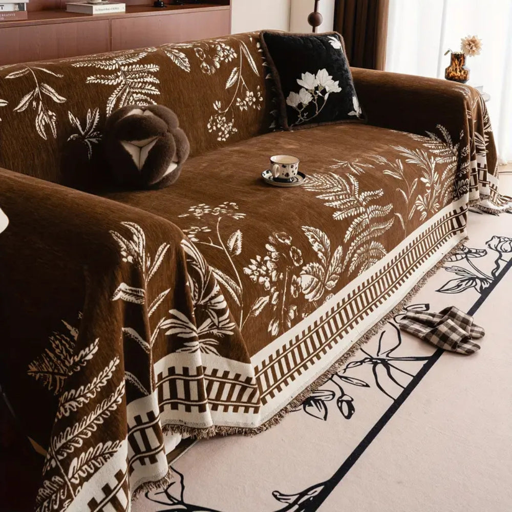 Sofaüberwurf aus Chenille mit botanischem Blumenmuster
