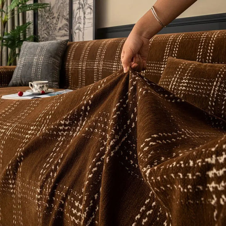 Chenille-Sofawurf mit Karomuster und Quasten