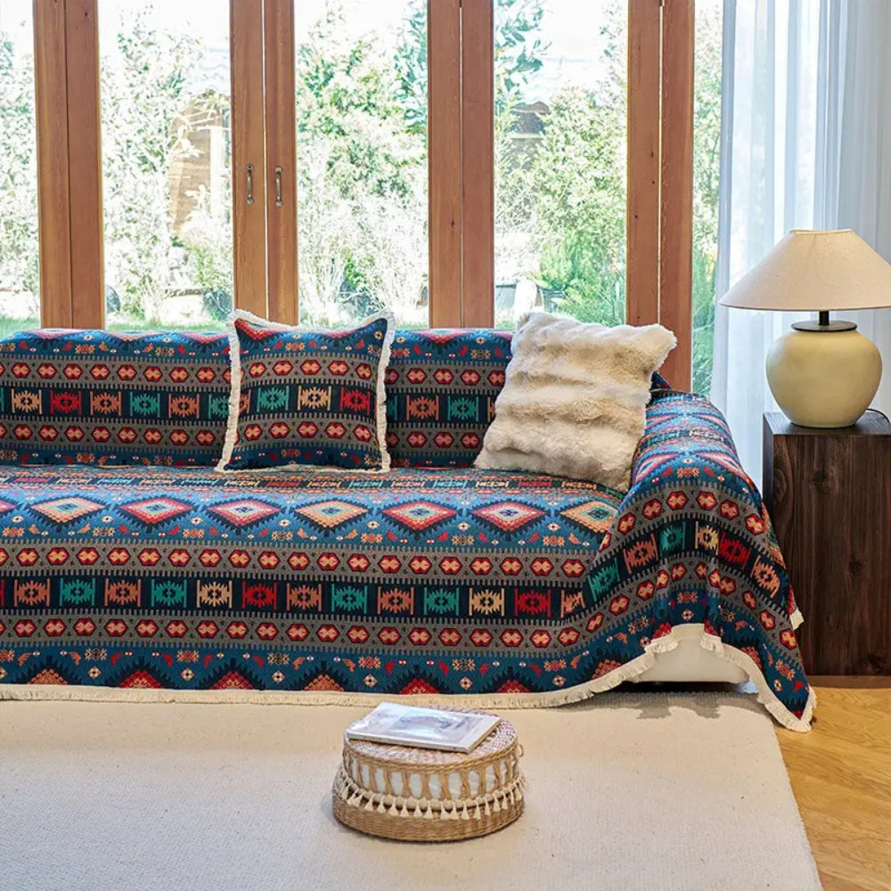 Boho-geometrische Sofadecke aus Baumwoll-Leinen-Mischgewebe